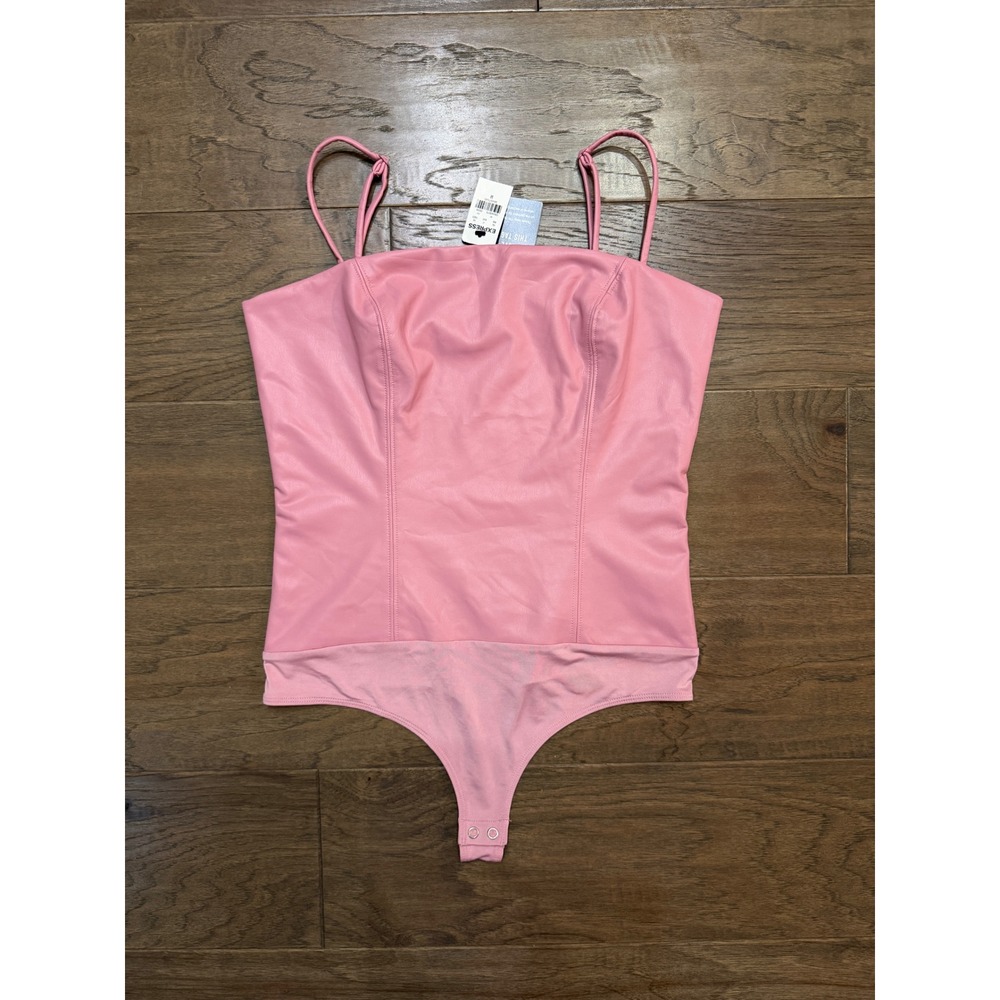 NWT Express Body Contour Pink Faux Leather Seamed Spaghetti Strap Bodysuit M